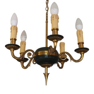 Empire Style Bronze Chandelier with Green Lacquered Bowl, 1950s For Sale