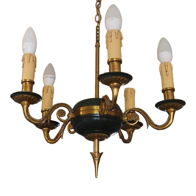 Empire Style Bronze Chandelier with Green Lacquered Bowl, 1950s For Sale