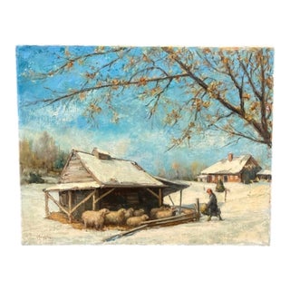 1960s Painting: Winter Countryside Scene With Livestock Barn For Sale