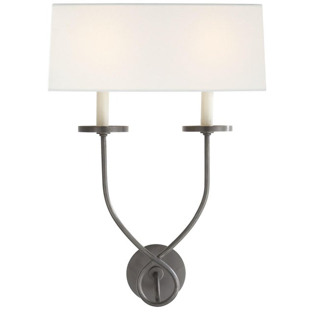 Chapman & Myers for Visual Comfort Signature Symmetric Twist Double Sconce in Bronze with Linen Shade For Sale