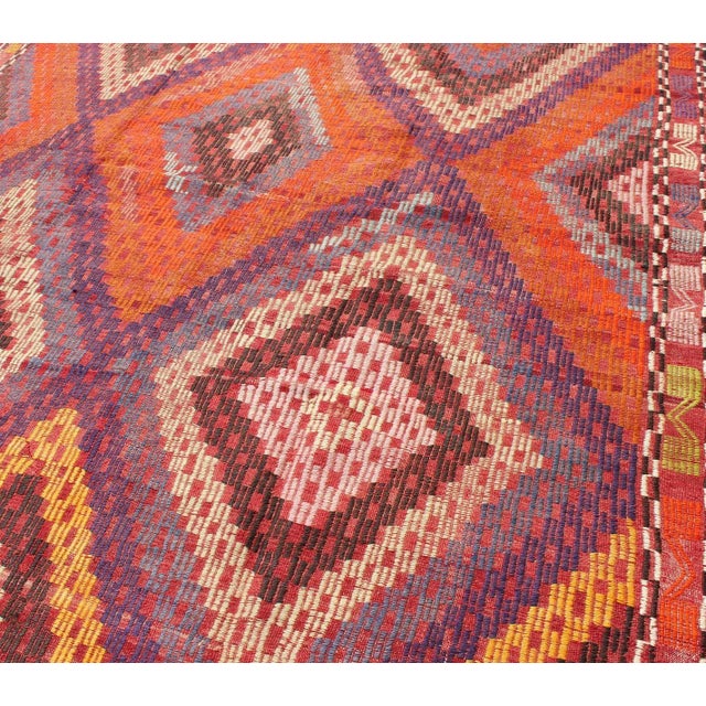Mid 20th Century Mid 20th Century Hand Woven Vintage Turkish Embroidered Kilim Rug in Vivid Colors of Purple and Orange For Sale - Image 5 of 13