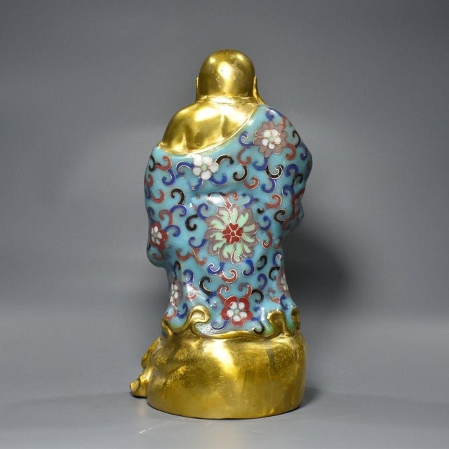 Late 20th Century Late 20th Century Cloisonné Enamel Laughing Buddha Standing Figurine, Gilded Copper Floral Statue For Sale - Image 5 of 9