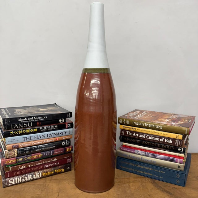 Tall Brown & Green Ceramic Vase with Narrow White Neck For Sale - Image 4 of 8
