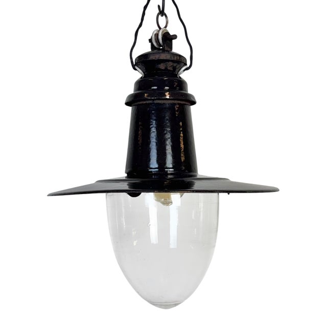 Industrial German Black Enamel Pendant Lamp with Glass Cover, 1930s For Sale - Image 14 of 14