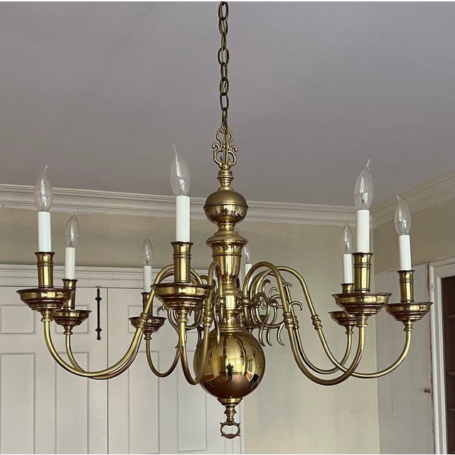 Queen Anne Late 20th Century Large Eight Light Brass Chandelier in the Dutch Queen Anne Style For Sale - Image 3 of 8