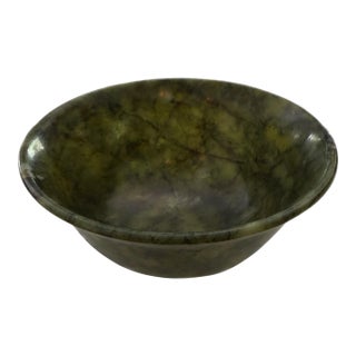 Vintage Hand-Carved Spinach Green Jade Bowl For Sale
