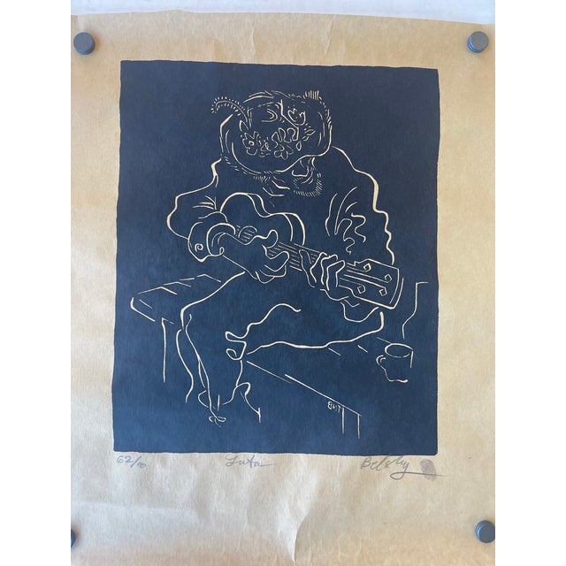 1970s “Luta" Limited Edition Linocut Print by Belsky, Numbered 62/100, Hand Signed With Fingerprint, Modern Figurative Guitarist Portrait For Sale In Seattle - Image 6 of 10