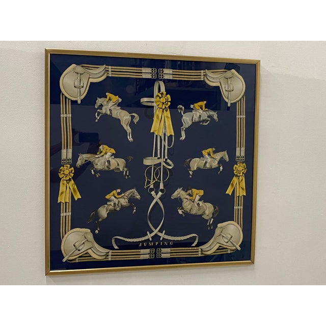 Framed Vintage Hermes Scarf in Navy Blue and Gold Chairish