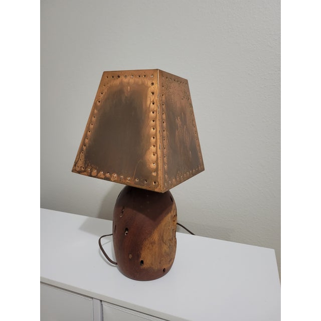 Wood Vintage 1970s Kohler Sculptural Burl Wood Lamp With Pierced Copper Shade For Sale - Image 7 of 18