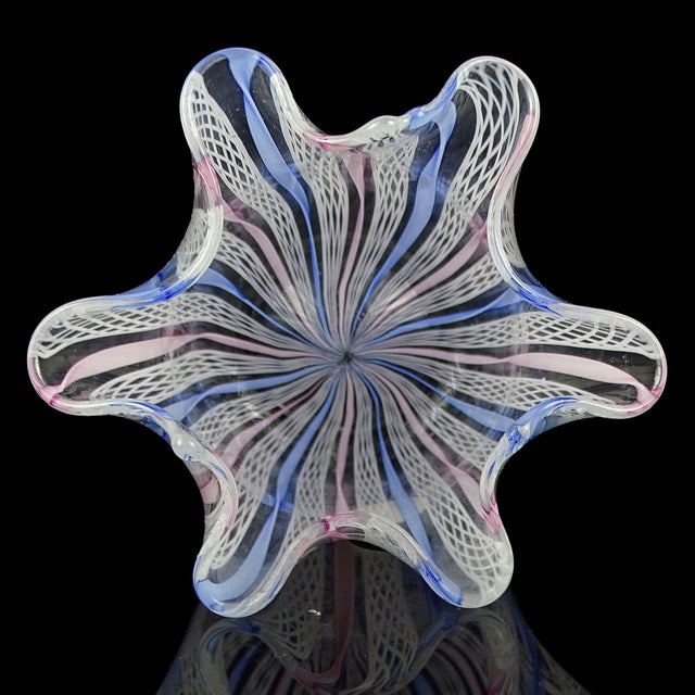 Early 21st Century Murano Fazzoletto White Pink Blue Ribbons Italian Art Glass Handkerchief Flower Vanity Vase For Sale - Image 5 of 6