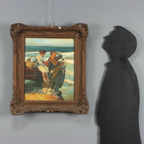 Oil on canvas. Signed lower right F. Orozco. An elderly woman and a little girl, leaning against a beached boat and...