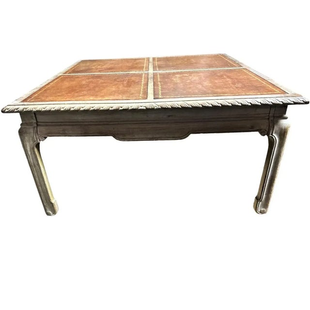 1940s Baker Furniture Company 1940s Vintage Tooled Leather and Cerused Oak Cocktail Table - Rare Find! For Sale - Image 5 of 6