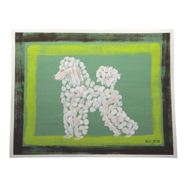 Poodle Dog Minimalism Pop Art Expressionism Americana Green Antique White Beige Original Painting by Cleo Plowden For Sale