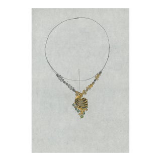 Original Jewelry Design Drawing – Gold Pendant Necklace 1970's Artist Unknown For Sale