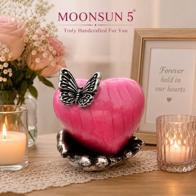 Pink Butterfly Heart Cremation Urn With Hand Stand With Picture Frame With Silver Butterfly 7x9 Inches | Memorial Keepsake for Ashes, For Sale - Image 11 of 14
