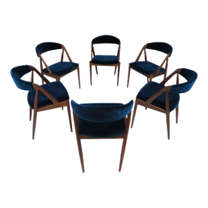 Set of 6 Restored Kai Kristiansen Danish Dining Chairs in Teal Velvet, Mid 20th Century
