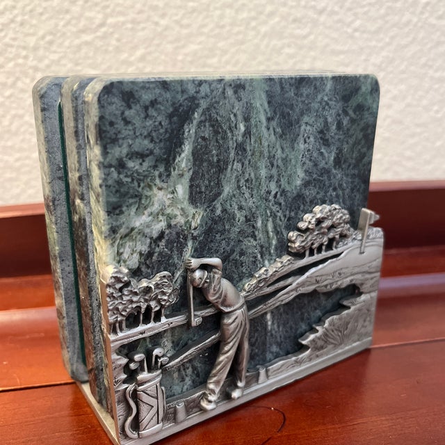 Traditional Vintage Pewter Golf Coaster Holder With Green Marble Coasters- 5 Pieces For Sale - Image 3 of 7