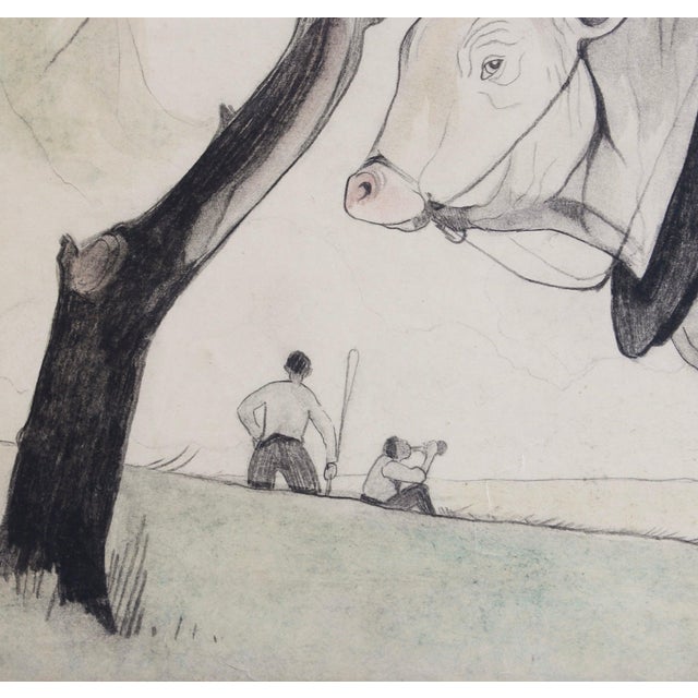 Black Germaine Hageman, Idyllic Landscape with Ox and Figures, 1940s, Pencil and Gouache on Paper, Framed For Sale - Image 8 of 17