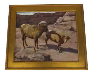 "Spring Rituals" Contemporary Oil Painting of Two Colorado Rams by Susan Bell, Framed