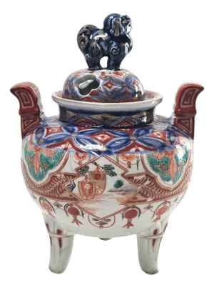 Japanese Imari Tripod Censer With Foo Dog Lid, Antique Arita Porcelain Edo-Meiji Era 6.75"