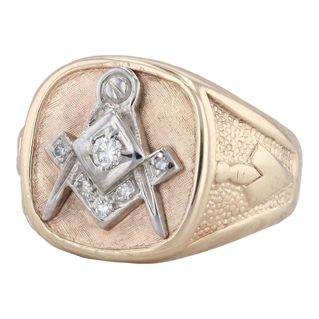 0.10ctw Diamond Masonic Signet Ring 10k Gold Size 10.25 Square Compass Tools For Sale