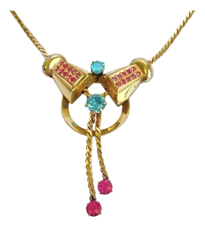 Regel 12k Gold Filled Necklace Vintage 40s 50s Pink Blue Rhinestone Art Deco Lariat Drop 16” Chain