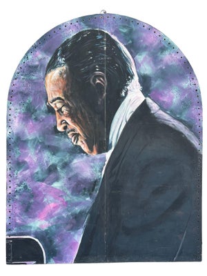 10' Foot Tall Oil on Canvas Portrait of Count Basie Light Up Folding Screen 1980, Signed Kenmarek