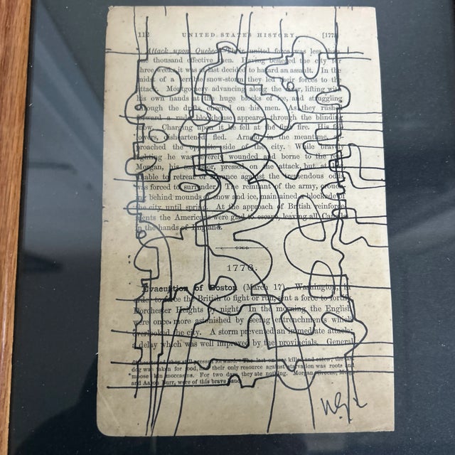 Set of two contemporary original Wayne Cunningham abstract marker drawings on vintage book pages. Signed and framed. book...