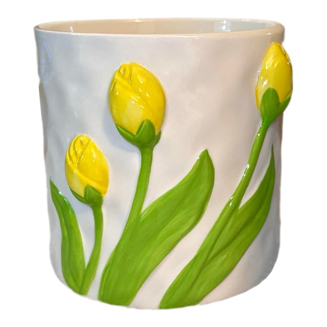 Ceramic Planter With Hand Painted Tulips For Sale