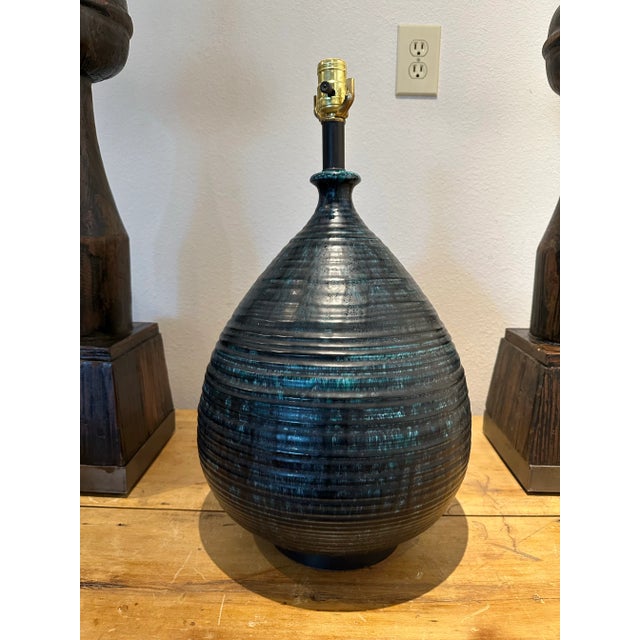 1960s Ceramic Wide Bottom Blue Lamp. Drip Glaze Hand Thrown Body. Deep Blues.1966 For Sale - Image 5 of 5