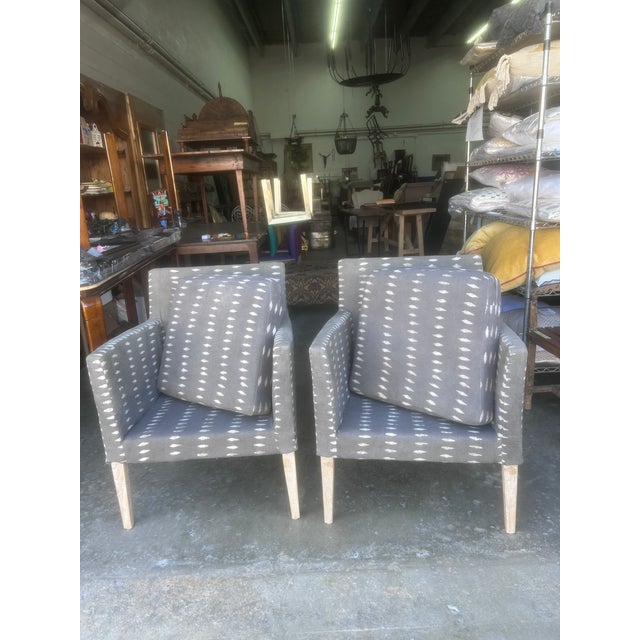 Vintage Block Print Linen Upholstered Arm Chairs, a Pair For Sale - Image 11 of 12