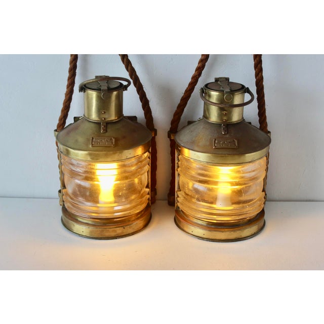 Vintage British Brass Glass Rope Marine Masthead Light Lantern Lamps-a Pair For Sale - Image 17 of 17
