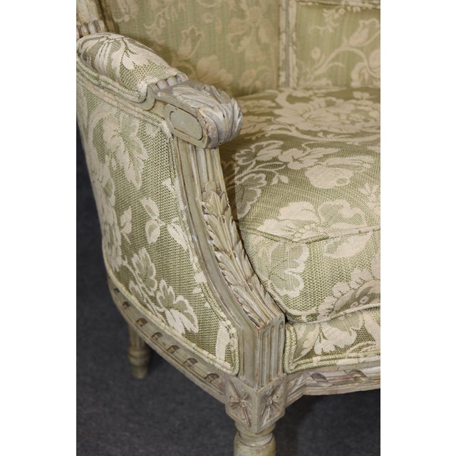 Pair of French Louis XVI Style Distressed Painted Wingback Bergere Chairs For Sale In Philadelphia - Image 6 of 13