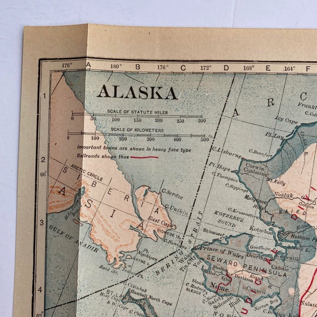 1925 map of Alaska measuring 9”x 12.5”. There is discoloration to paper consistent with age. Some wear to edges and fold...