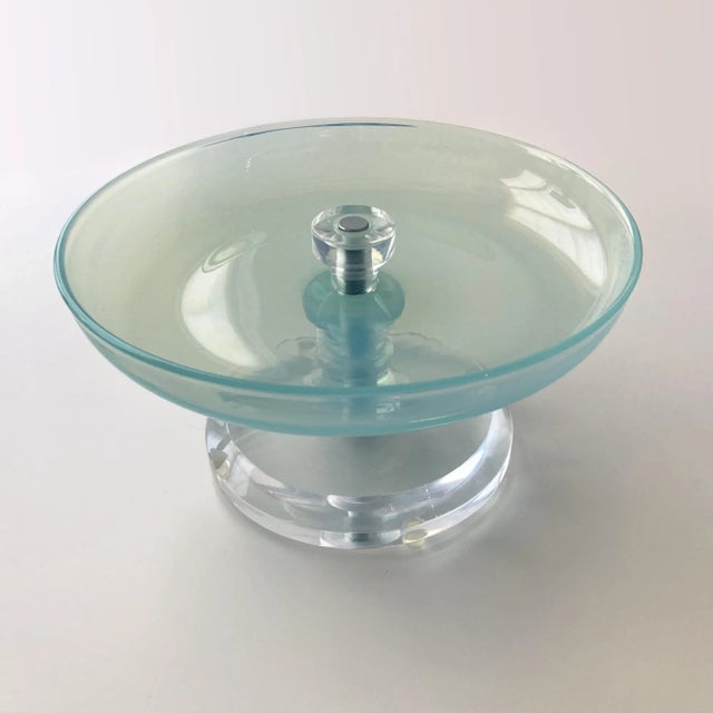 Mid-Century Modern Murano Dish With Lucite Base, 1960s Opalescent Aqua Blue For Sale - Image 3 of 8