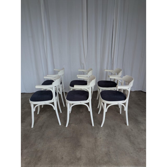 Vintage White Bentwood Dining Chairs with Blue Fabric Seats, 1970s, Set of 6 For Sale - Image 14 of 18