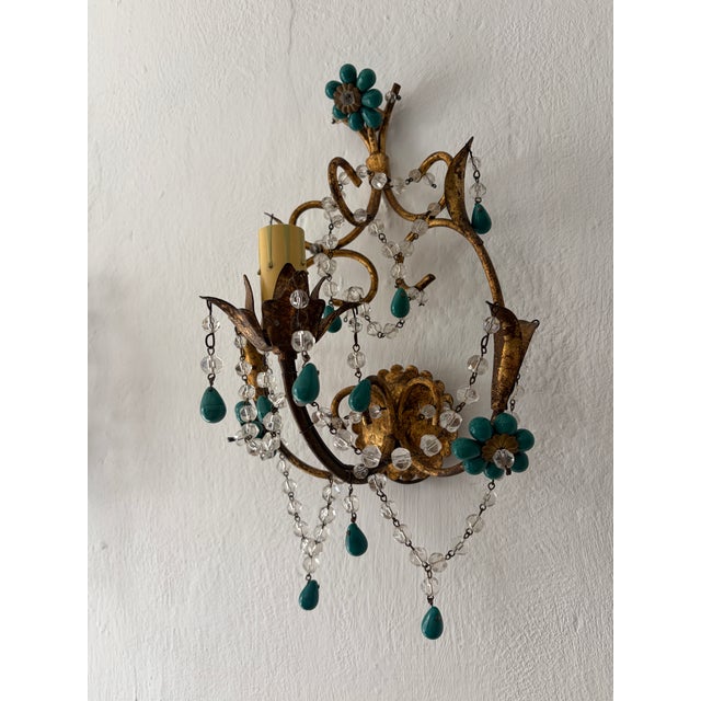 Glass French Turquoise Green Murano Beads Rock Crystal Swags Sconces For Sale - Image 7 of 7