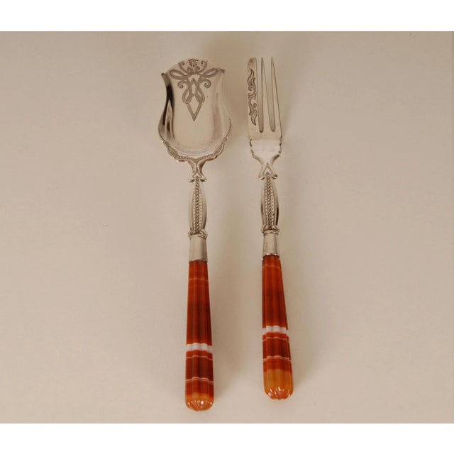Description Antique sterling silver & semi precious stone Agate serving set Fabulous floral engravings on the fork and...