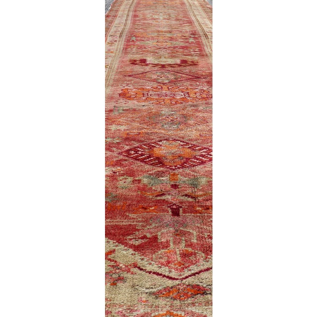 Vintage Turkish Oushak Runner With Geometric Medallion Design in Muted Coral 3'0 X 15'8 For Sale - Image 4 of 10