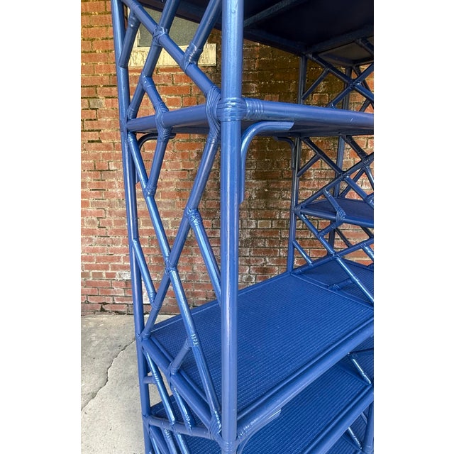 Vintage Chinoiserie Chippendale Style Blue Rattan Bookcase Etagere - Newly Painted For Sale - Image 9 of 11