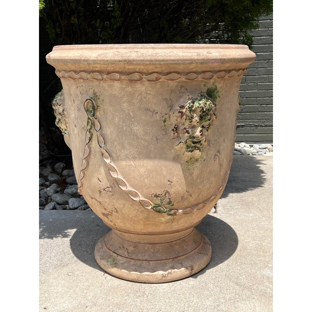Ceramic Pair of French Garden Pots From Anduze With Antiqued Patina, Mascarons and Swags For Sale - Image 7 of 16