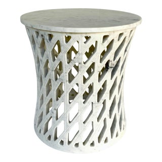 Global Views Modern Carrara Marble Fret Side Table For Sale