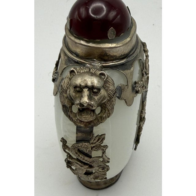 Glass Opaline Glass Snuff Bottle Embellished With Silver Tone Dragons and Lions For Sale - Image 7 of 17