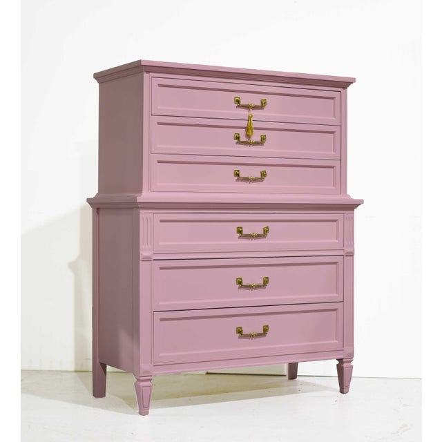 Dixie Furniture Co. Mid Century Transitional Highboy Dresser by Dixie Furniture in Pink - Newly Painted For Sale - Image 4 of 14
