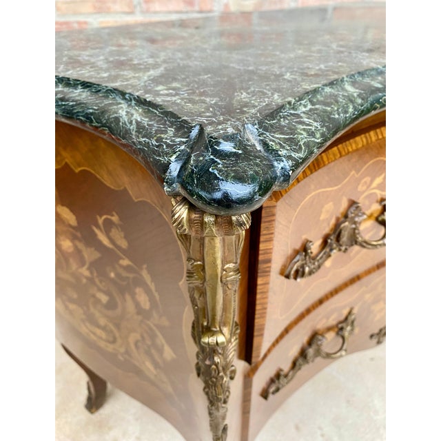 Brown French Louis XV Style Bombé Satinwood Marquetry and Ormolu Mounted Commode, 1940 For Sale - Image 8 of 18