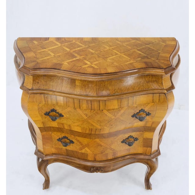 Italian Parquet Burl Wood Bombe Style Compact Entry Chest of Drawers Dresser For Sale - Image 9 of 13
