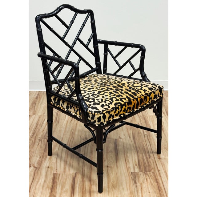 Vintage faux bamboo Chinoiserie Chippendale style chair with newly upholstered leopard print velvet fabric on generously...