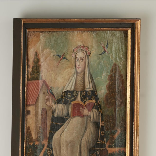 Mission Antique Religious Mexican Painting of a Female Saint For Sale - Image 3 of 11