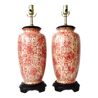 Pair Chinese Lamps With Hand Painted Pink Porclelain - - Restored With New Brass Sockets and New Cords For Sale