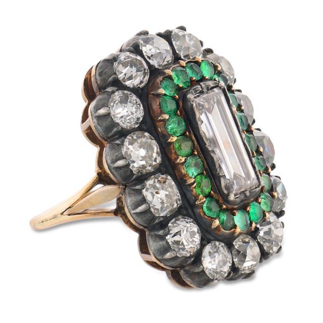 19th Century 19th Century Victorian Gia 1.77 Carat Diamond Emerald 14k Yellow Gold and Silver Cluster Ring, Size 6.75 For Sale - Image 5 of 6